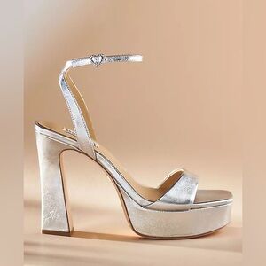 Badgley Mischka Caia Platform Sandal - Silver Leather - with Heart-Shaped Buckle
